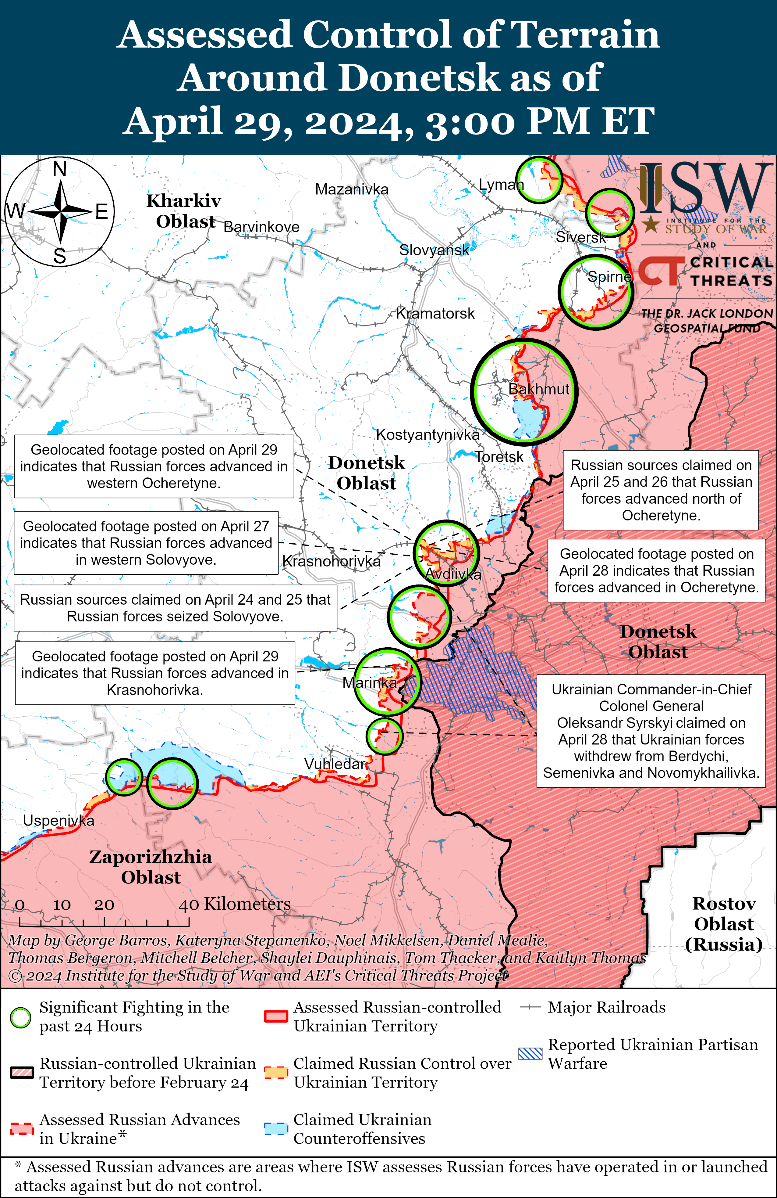 По всьому фронту точаться позиційні бої, армія РФ просунулась лише на одній ділянці: карти ISW